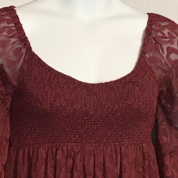 A. Calin Smocked Mini Dress Sz Medium Tiered Burgundy Scoop Neck Long Sleeve NWT - Picture 5 of 13